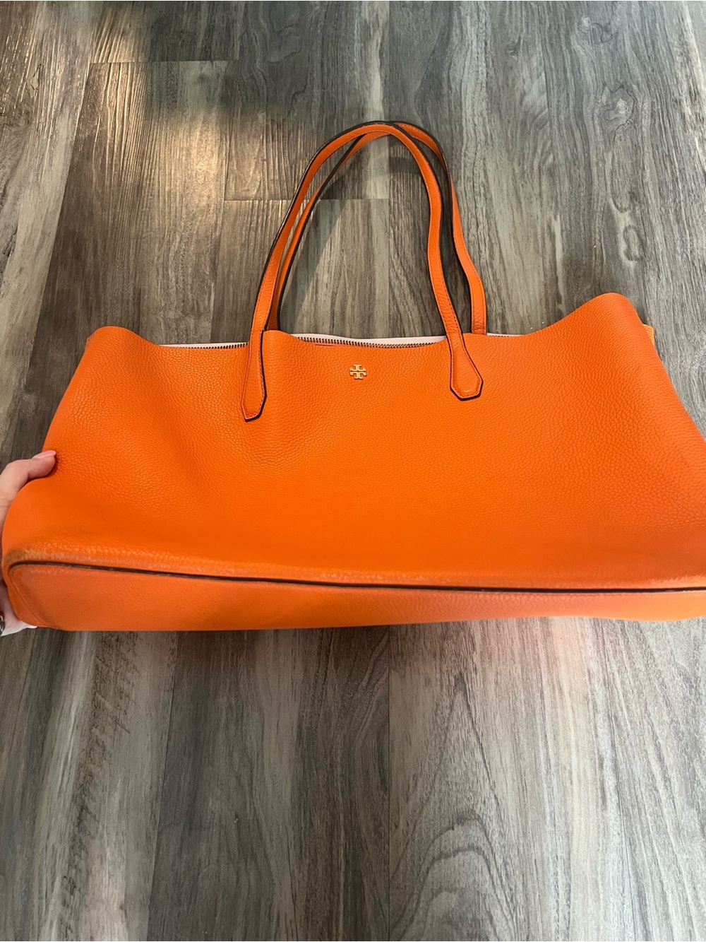 Tory Burch Bright Orange Pebbled Leather Tote - Picture 3 of 10